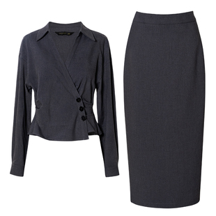 罗衣优雅御姐风深灰色套装女早春淡人高知上衣半身裙两件套13269