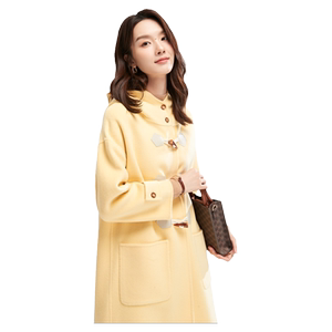 胖mm连帽牛角扣纯羊毛长款大衣女