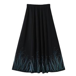 2025中老年半身裙镶钻大码中长款松紧腰中年妈妈长裙a字短裙夏季