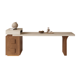 中古风岛台餐桌一体家用可伸缩小户型餐厅厨房靠墙洞石岩板小岛台