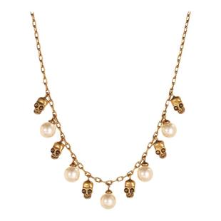 欧美复古风鬼才设计师时尚气质麦家骷髅头珍珠多坠锁骨项链女饰品