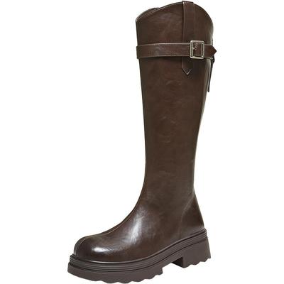 百思图2025冬季新款圆头粗跟厚底骑士靴女V口大筒围长靴BV808DG5