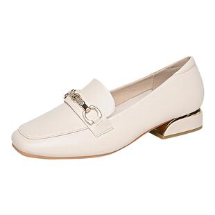 真皮女鞋乐福鞋2026新款春夏季白色小皮鞋中跟妈妈单鞋软底不累脚