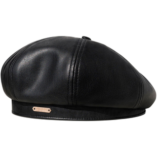疯帽子 复古黑色PU皮质贝雷帽女百搭文艺通勤八角画家帽秋冬新品