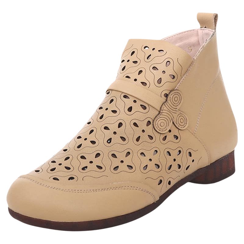 镂空女鞋春夏短靴女舒适软底妈妈单鞋透气小踝靴洞洞皮鞋平底凉靴