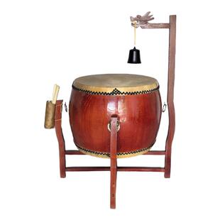 寺庙用鼓椿木黄牛皮铃钟鼓道场法器带帝钟实木鼓架诵经鼓佛具用品