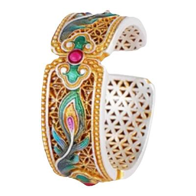 晚舟足银9999珐琅描金招财戒指