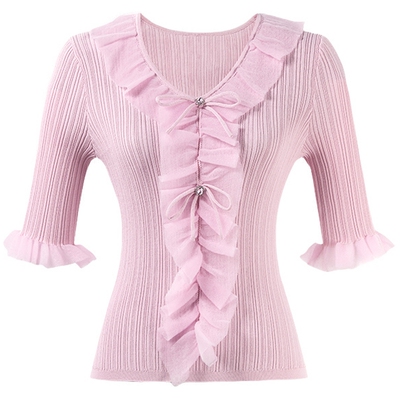 MISSCOCOON温柔欧根纱荷叶边V领针织衫夏新款