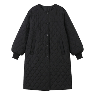 LUM 黑色菱格绗缝棉服女冬季2026新款韩系宽松中长款加厚棉袄外套