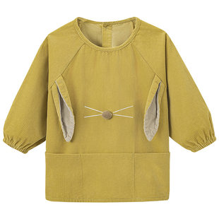 儿童纯棉灯芯绒罩衣男孩画画围裙女孩吃饭可爱围兜宝宝防水反穿衣