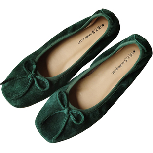 软底芭蕾舞单鞋女春夏休闲方头蝴蝶结平底墨绿羊皮浅口一脚蹬瓢鞋