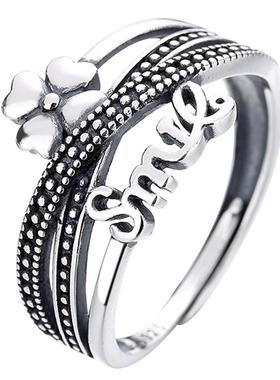 925银戒指女四叶草复古做旧指环