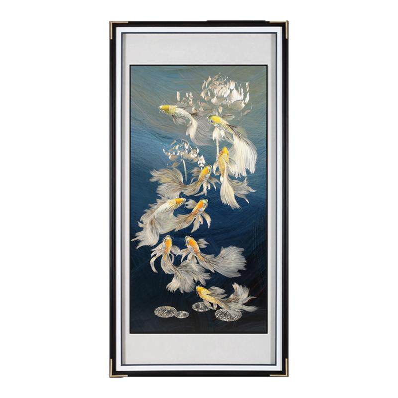 手工铜雕荷花九鱼图竖版装饰画