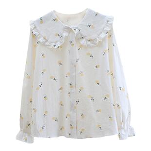 娃娃领衬衫女长袖春季新款甜美白色棉麻上衣洋气碎花打底衫外套