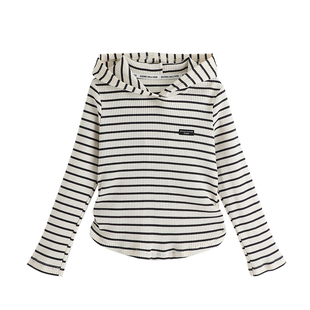 布丁哈鲁春装女童春季条纹连帽T恤2026春秋新款儿童休闲打底衫