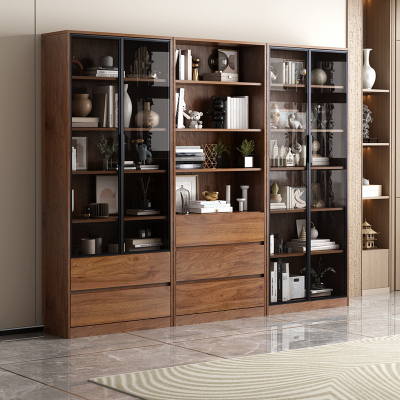 实木书柜储物柜一体家用客厅组合展示柜置物架极简玻璃门落地柜子