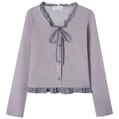 慕兔法式拼接格纹花边长袖t恤