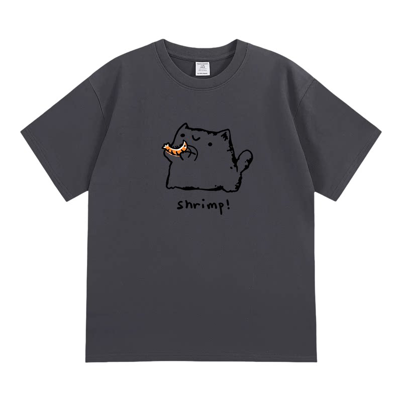 shrimp 线条猫咪吃虾 短袖潮流搞笑趣味纯棉宽松印花上衣透气T恤