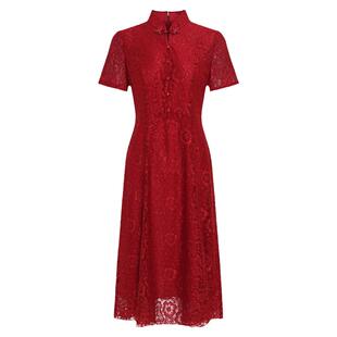 黛玛诗春季新款新中式连衣裙时尚蕾丝旗袍裙女红色礼服裙优雅