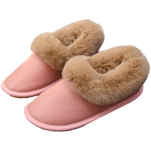 五高端防水牛皮面居家包脚带后跟毛毛棉拖鞋女冬季室内家用男