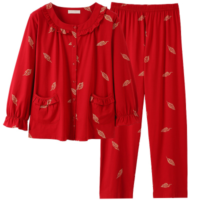 猫人睡衣女款春秋纯棉女士红色本命年中老年妈妈长袖家居服套装秋