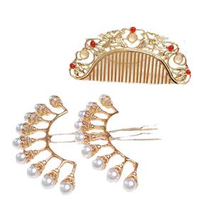 唐风发梳排簪三件套古装汉服配饰发钗簪子发冠明制头饰白菜珍珠簪