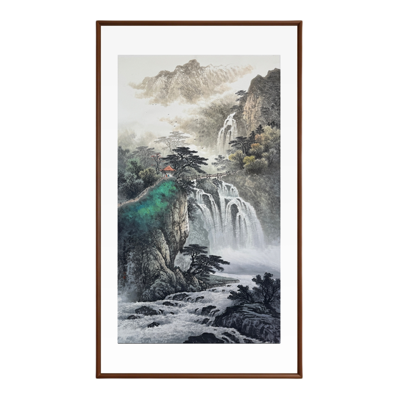 新中式手绘瀑布青山白云装饰画