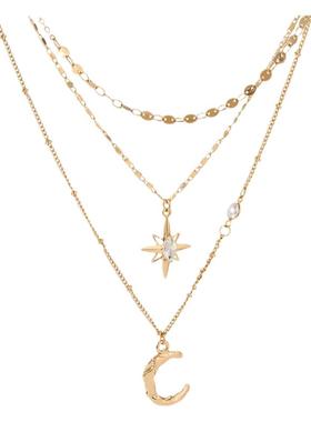 韩国气质三层星月项链女个性轻奢小众设计感网红ins百搭毛衣链潮