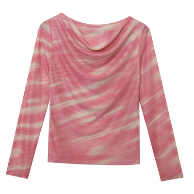 气质荡领印花网纱打底衫女