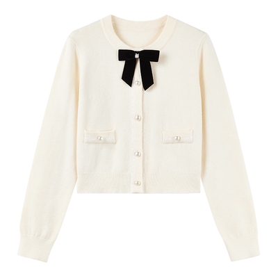 秋水伊人丝绒蝴蝶结红色针织上衣