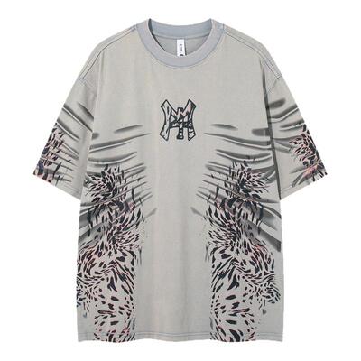 M.FOUR复古风落肩袖短袖T恤男女情侣宽松印花潮牌上衣