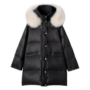 MEETLADY中长款羽绒服女2023冬装新仿狐狸大毛领时尚保暖冬外套女