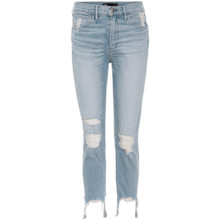 清仓现货 3x1 古力娜扎同款 浅蓝色双膝破洞毛边九分直筒牛仔裤女