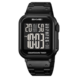 SKMEI时刻美男士时尚钢带手表闹铃双时间运动防水夜光方形电子表