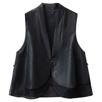 一丝牵100%桑蚕丝香云纱龟裂纹提花真丝马甲女国风宽松欧根纱上衣