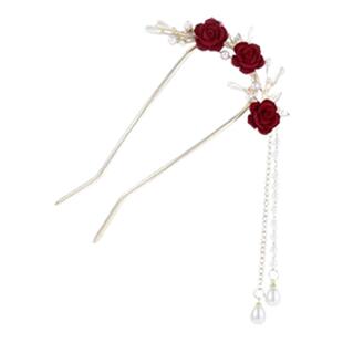 新中式旗袍发簪女后脑勺丸子头盘发神器u型发夹红色玫瑰发钗簪子