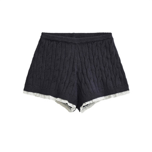 韩系藏蓝色绞花针织麻花短裤女秋冬蕾丝花边裤子高腰显瘦打底靴裤