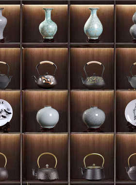 新中式样板房酒店茶室电视柜摆件博古架装饰青瓷花瓶铁茶壶工艺品
