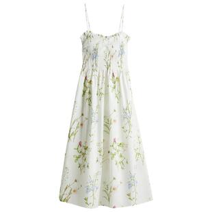 HM女装连衣裙春季缩褶碎花度假风吊带植物印花长裙1217947