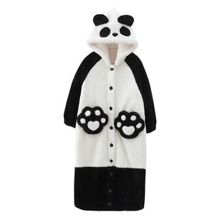 熊猫女童珊瑚绒睡袍冬季加厚长款连帽法兰绒中大童女孩可爱家居袍