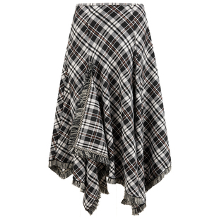 几何单元不规则流苏半裙女秋冬新款A字长款格纹磨毛黑色半身长裙