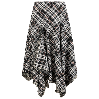 不规则流苏大裙摆格纹磨毛半裙