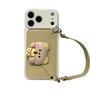 卡其奶茶小熊卡包适用苹果17promax手机壳iphone16pro斜跨挂绳15pro手提17pro女13创意14plus防摔11/12保护壳