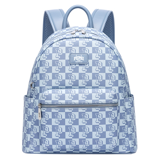 Pepsi/百事新款棋盘格双肩包女通勤出游旅行包大学生蓝白皮质背包