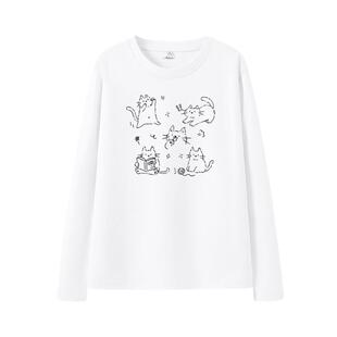 班尼路白色纯棉长袖T恤女春夏新款简约卡通印花宽松休闲百搭上衣Q