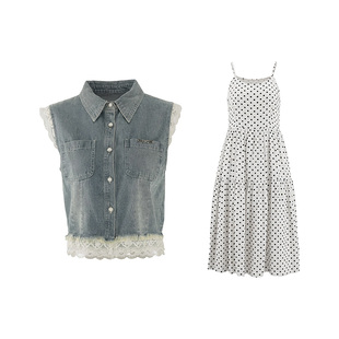 kodice2026春新款蓝色棉质翻领牛仔马甲波点吊带连衣裙子两件套装
