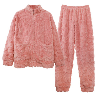 好波睡衣女珊瑚绒秋冬季加绒保暖家服套装北方睡衣男士可外穿睡衣