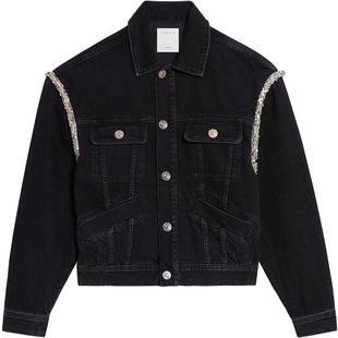 SANDRO秋冬女装法式甜酷宽松OVERSIZE棉质黑色仿钻落肩牛仔外套