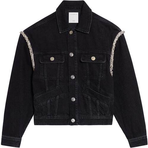 SANDRO秋冬女装法式甜酷宽松OVERSIZE棉质黑色仿钻落肩牛仔外套