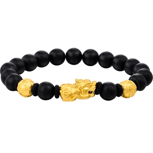 周生生华宇黄金足金黑玉髓六字真言明咒貔貅手链男士手串91024B